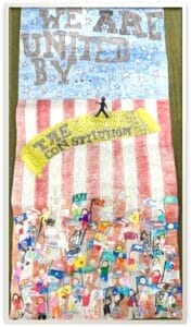 Division 3 Law Day 2026 Winning Poster. Tiny people waiving flags from different nations against a backdrop of the American flag as a background.