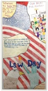 Division 4 Law Day 2026 Winning Poster.  A bald eagle, statue of liberty, and tiny people holding signs against a backdrop of the American flag as a background.